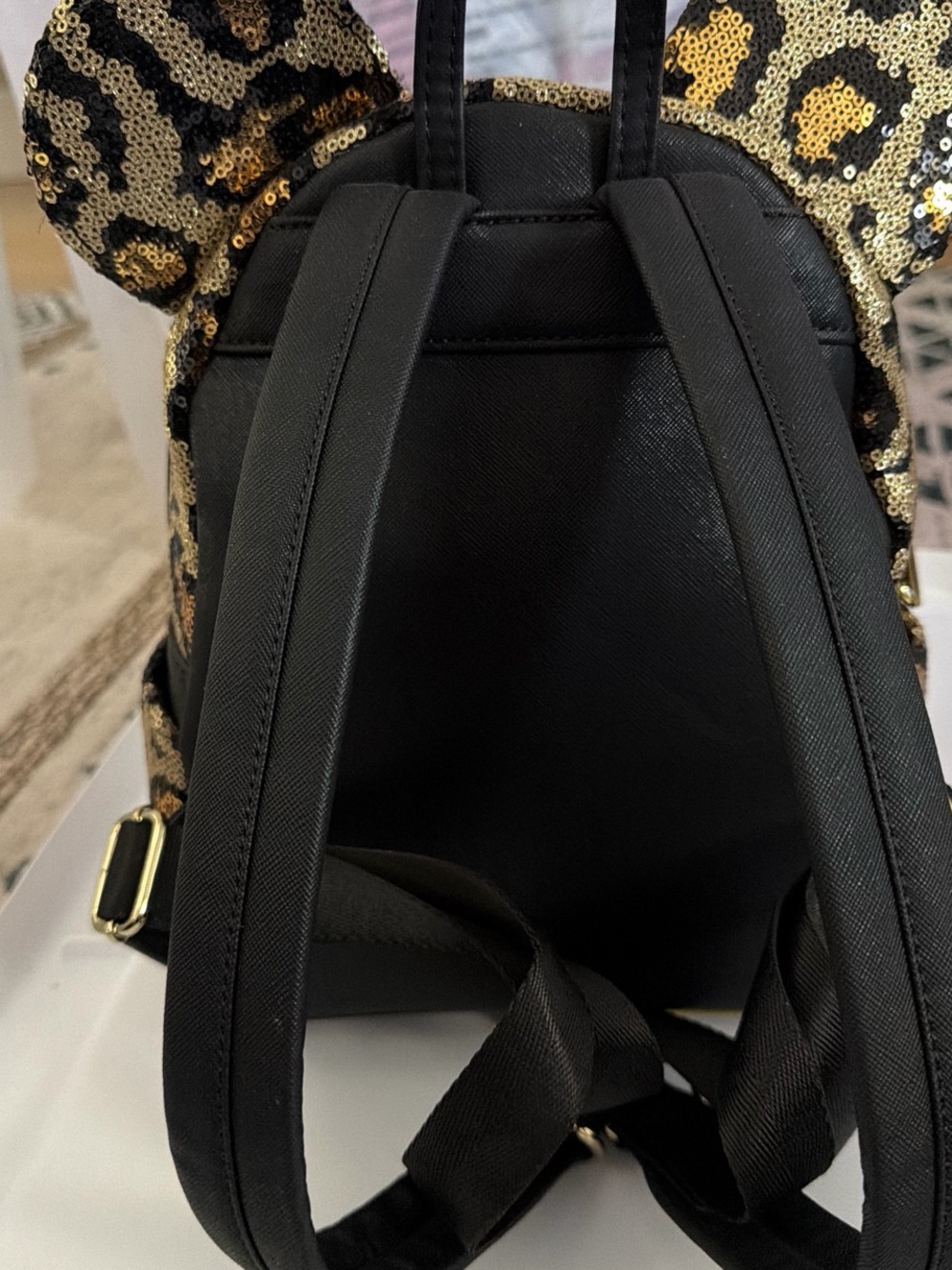 Loungefly Gold & Black Sequin Leopard Mini Backpack with Bow - Picture 3 of 5